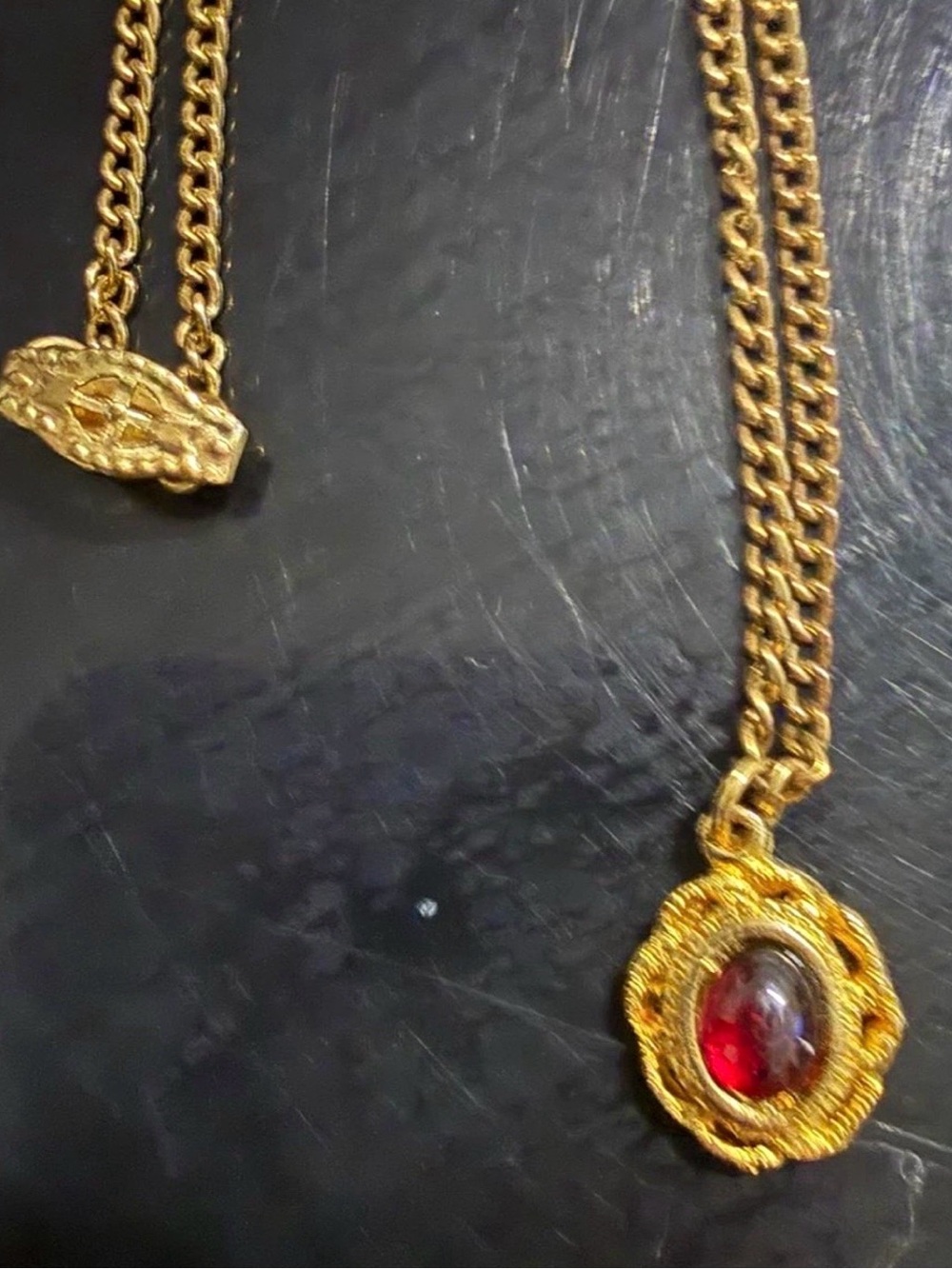 Gold-Tone Necklace with Red Cabochon Pendant